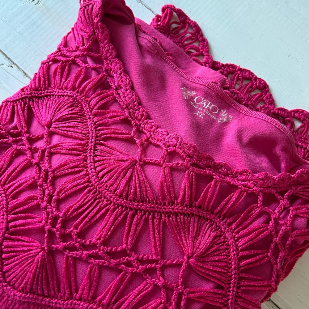 Cato Pink Crochet Knit Overlay Top‎ 3/4 Sleeve V Neck Womens XL
